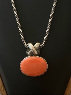 Oval Pink Coral Stone Pendant Necklace in Polished 925 Silver